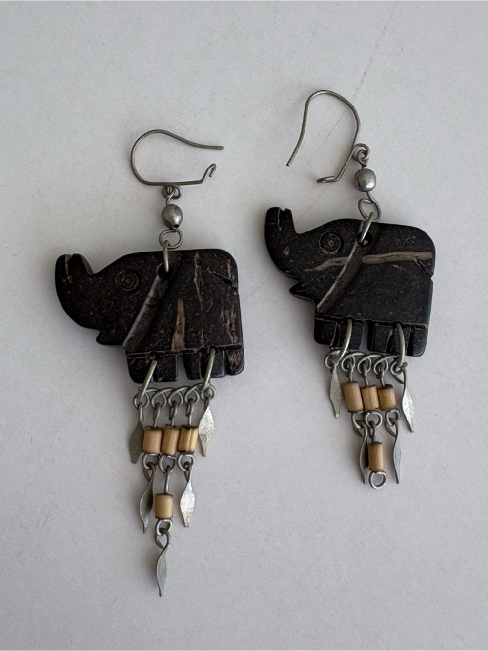 Handcrafted Elephant Coconut Shell Dangle Earrings in Dark Brown and Silver